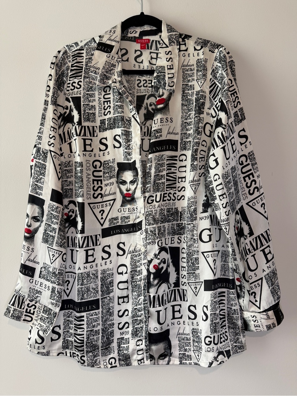 GUESS Women’s Black & White Logo Newspaper Print Button-Up Shirt